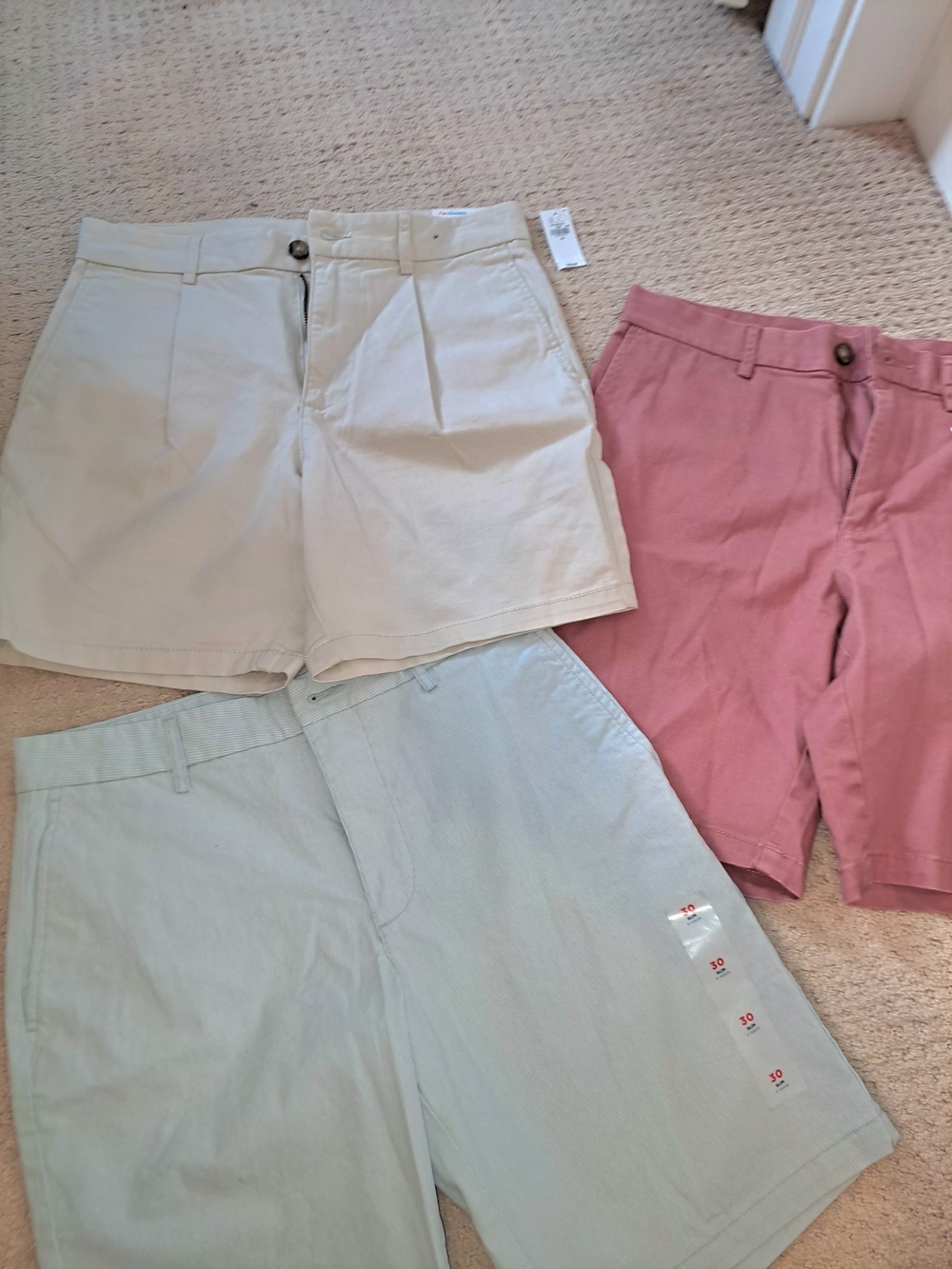 Mens' Pleated Cotton Blend Shorts - Cream, Blue, and Dusty Rose